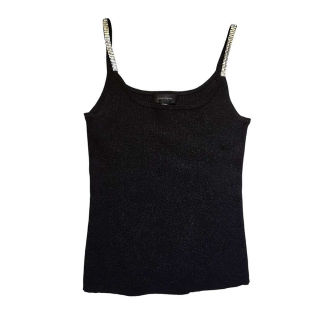 Vtg Pointelle 90s Y2K Shimmer Tank Top Womens SM Black Silk-Blend Metallic Studs